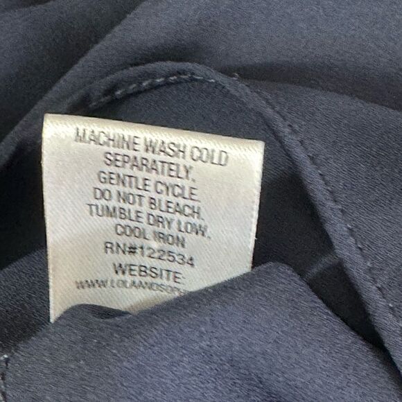 Lola & Sophie Blouse Womens Size Small V Neck tie front Polly Chiffon Navy Blue - Picture 10 of 10